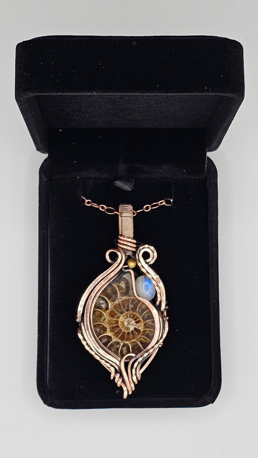 Ammonite Natural Fossil Moonstone Gemstone Pendant Handmade Copper Wire 3008
