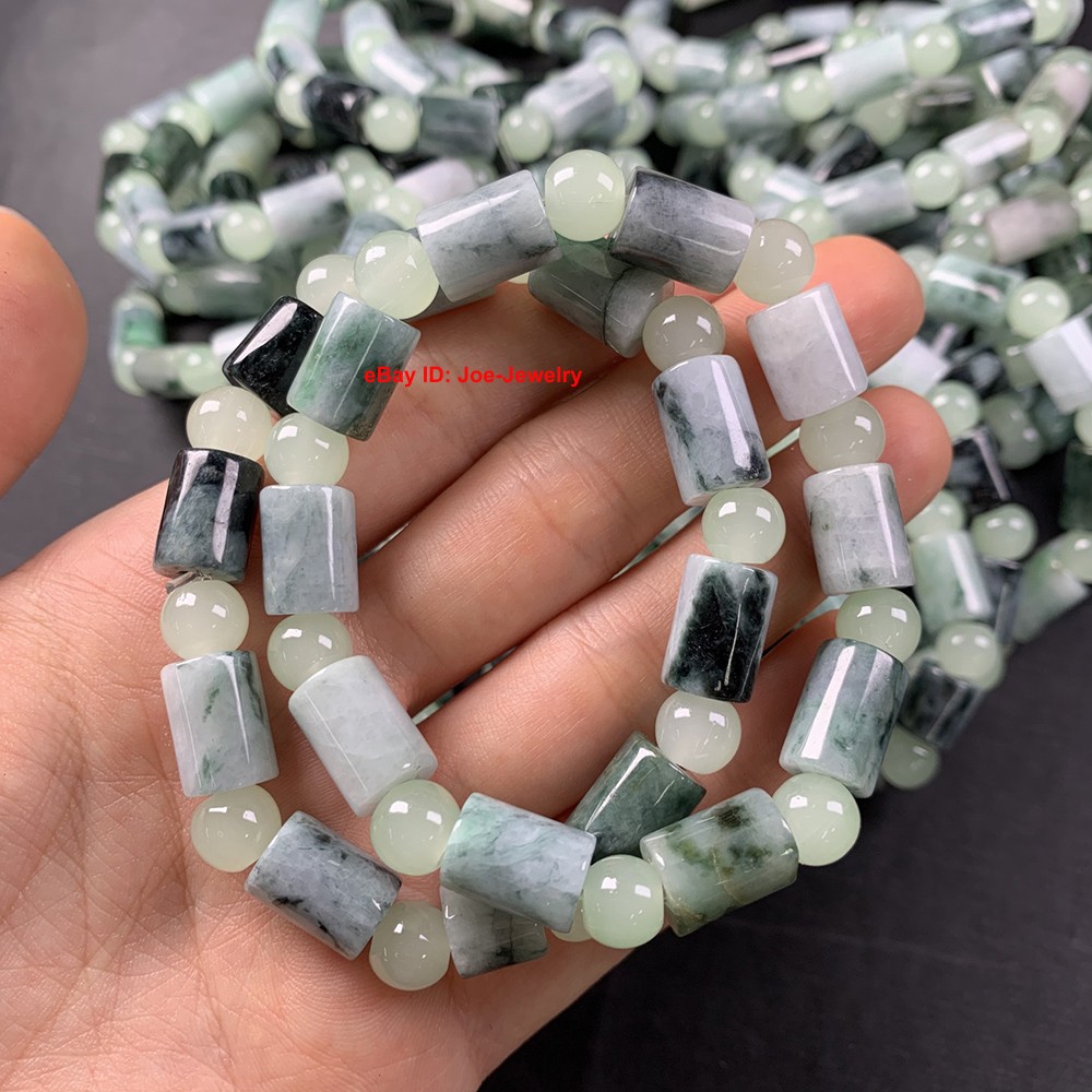 Natural Jadeite Stretch Bracelet Grade A Jade 8.7mm Tube Bead Spacers Bracelet