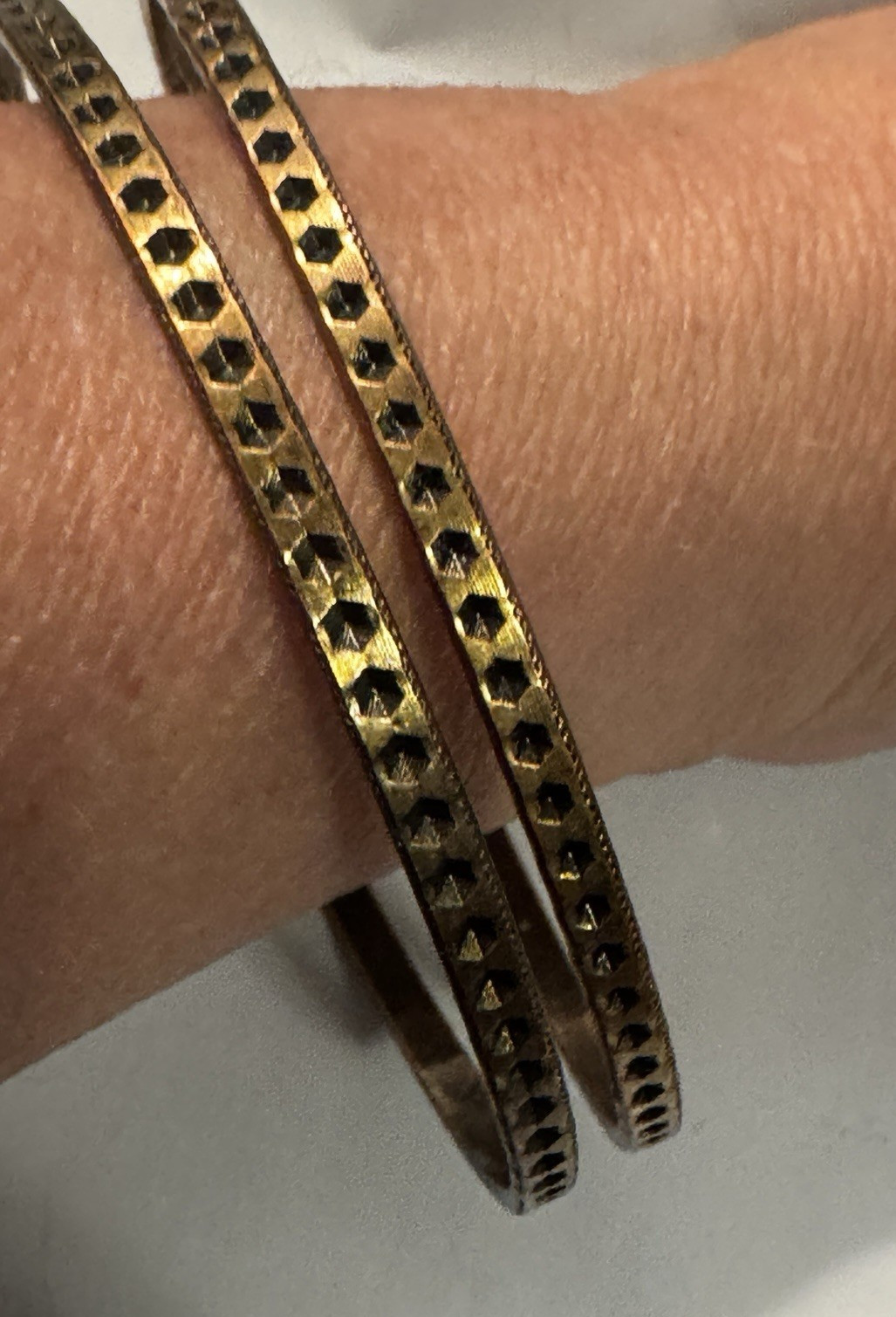 Vintage Copper Tone Bangle Bracelets Set of 2 Geometric Hexagon Etched 8.25 in.
