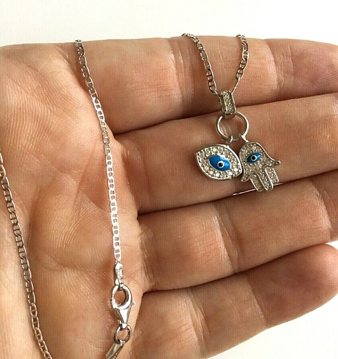 925 SILVER HAMSA EYE MARINER LINK NECKLACE 16″ / CADENA PLATA MANO,OJO-SN14