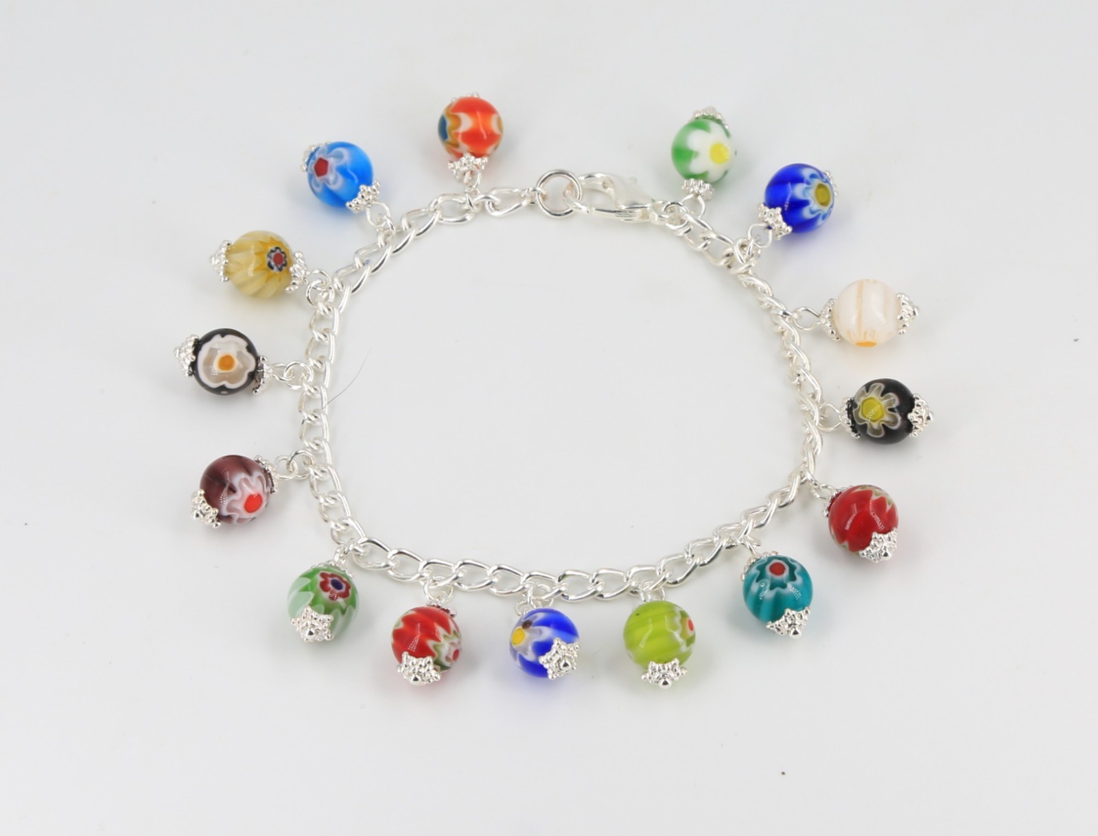 Multi-coloured millefiori glass flower bead chain bracelet nice gift