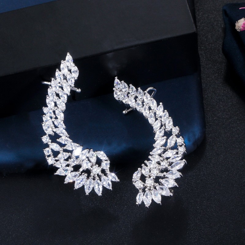 Silver Plated Cubic Zircon Symmetrical Stud Ear Cuff Climber Earrings for Women