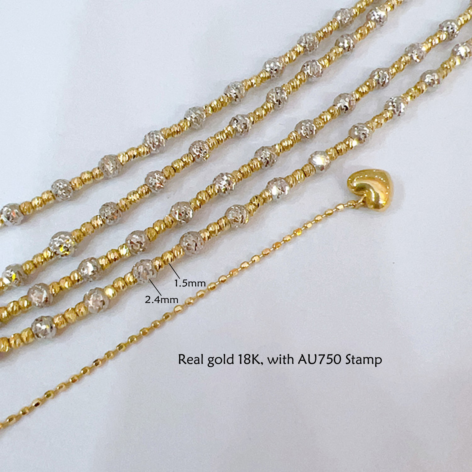 18k Solid Gold Two-Tones Bead Ball Chain Necklace Women Shiny Stack Bracelet