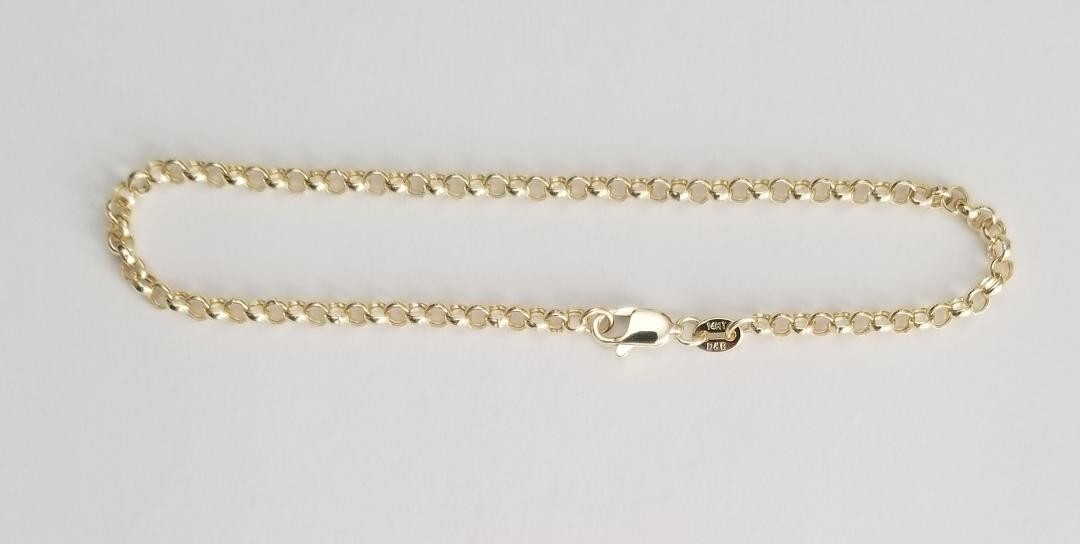 14K Real Yellow Gold Rolo Link Chain Bracelet 7″-2.9 mm