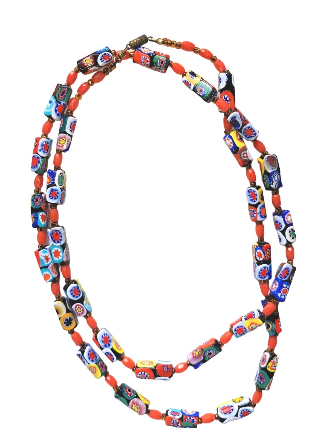 Vintage Venetian Murano Millefiori Glass Tube Bead Necklace 42″ Opera Italy