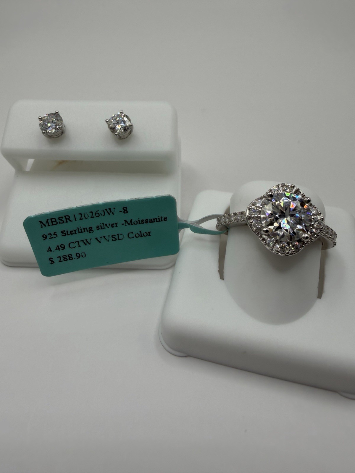 Stamped 925 Sterling Silver Moissanite Round Prong Halo Solitaire Ring Size 8