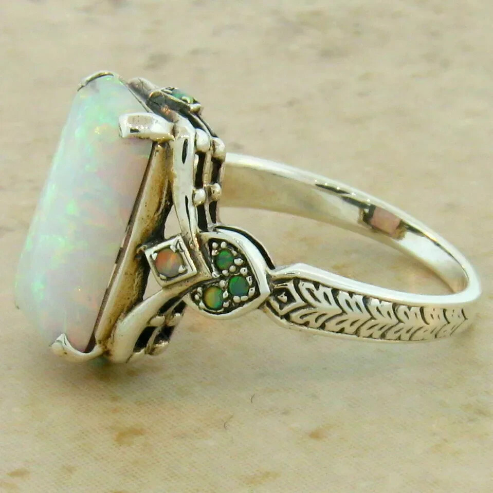 3Ct Emerald Cut Opal Antique Victorian Engagement Ring 14K White Gold Finish