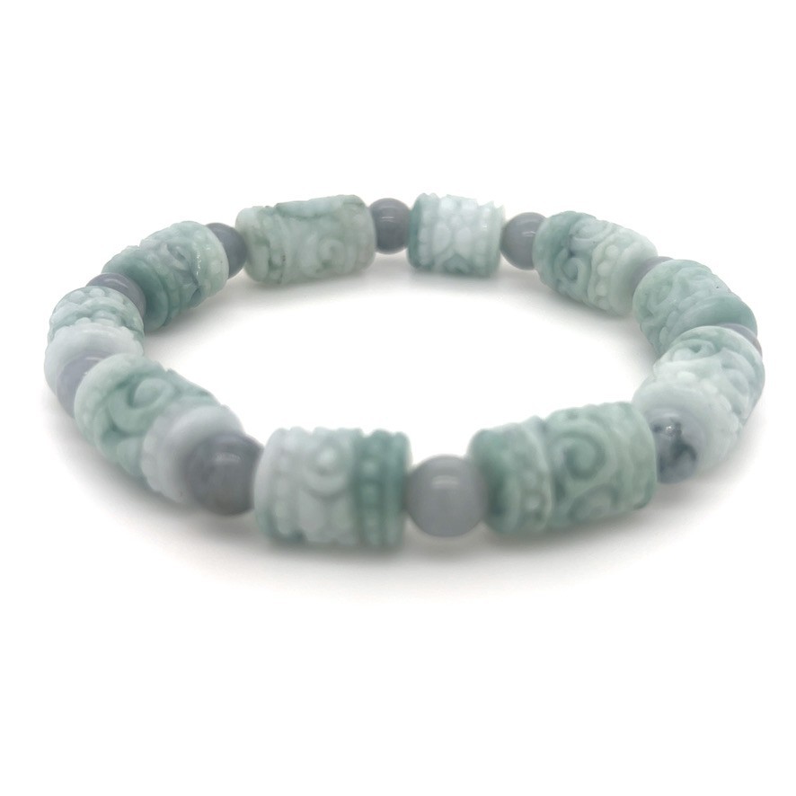 Green Hand Carved Jadeite Barrel Adjustable Bracelet Type A with 翡翠缅紫绿