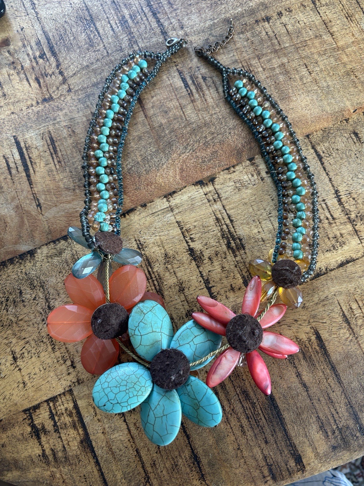 Vintage 2008 Boho Chunky MultiStrand Flower Statement Necklace Turquoise & Coral
