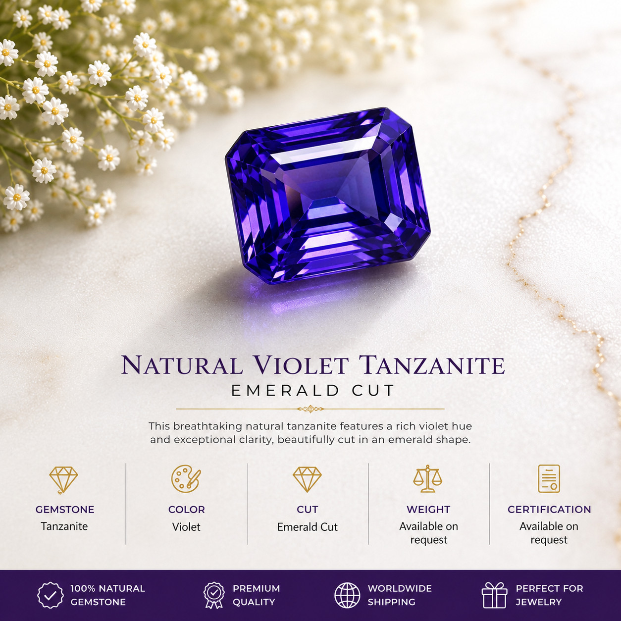 5CT Natural Violet Tanzanite Emerald Cut Loose Gemstone CERTIFIED
