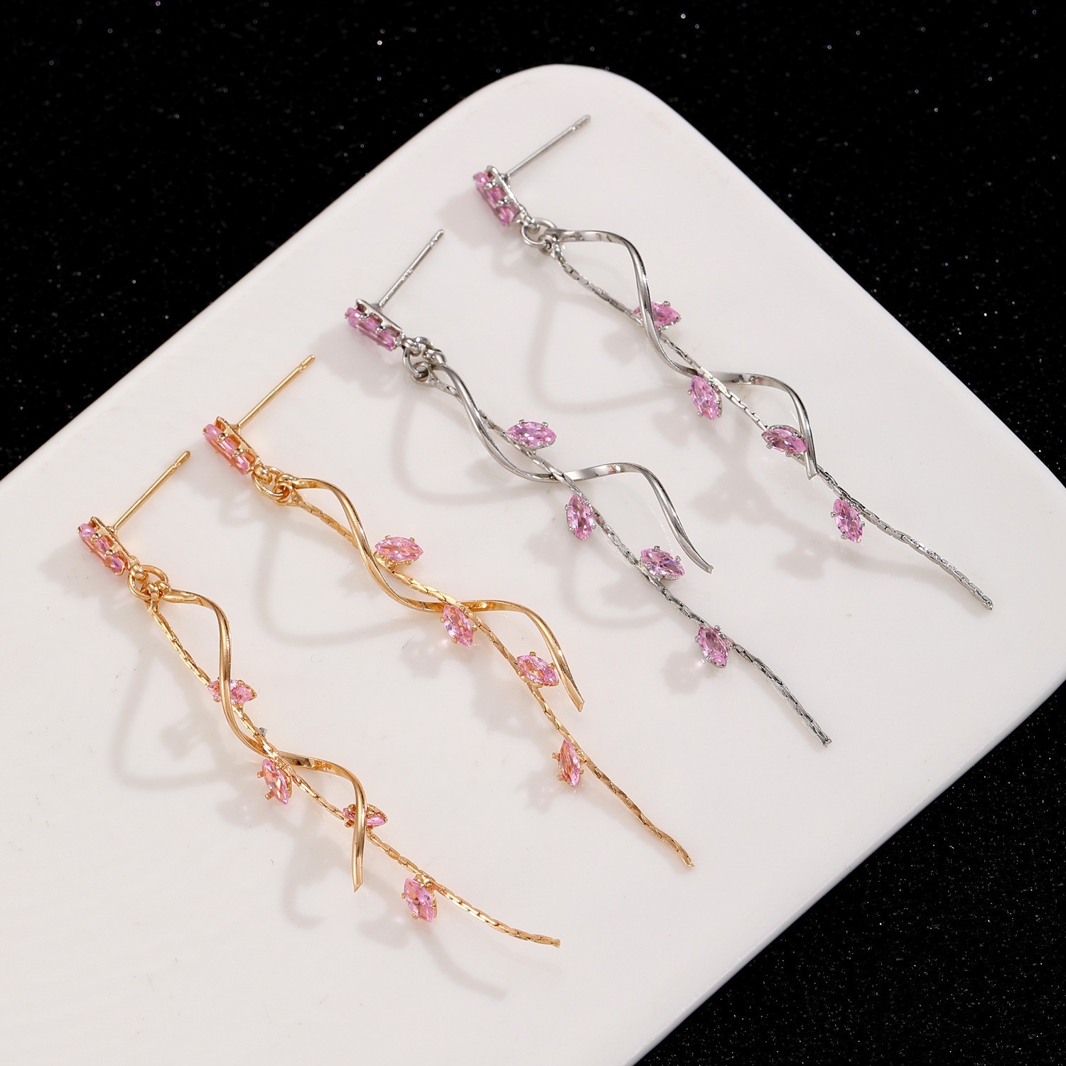 Women 925 Silver Post Tassel Chain Leaf CZ Dangling Drop Stud Earrings Party S13