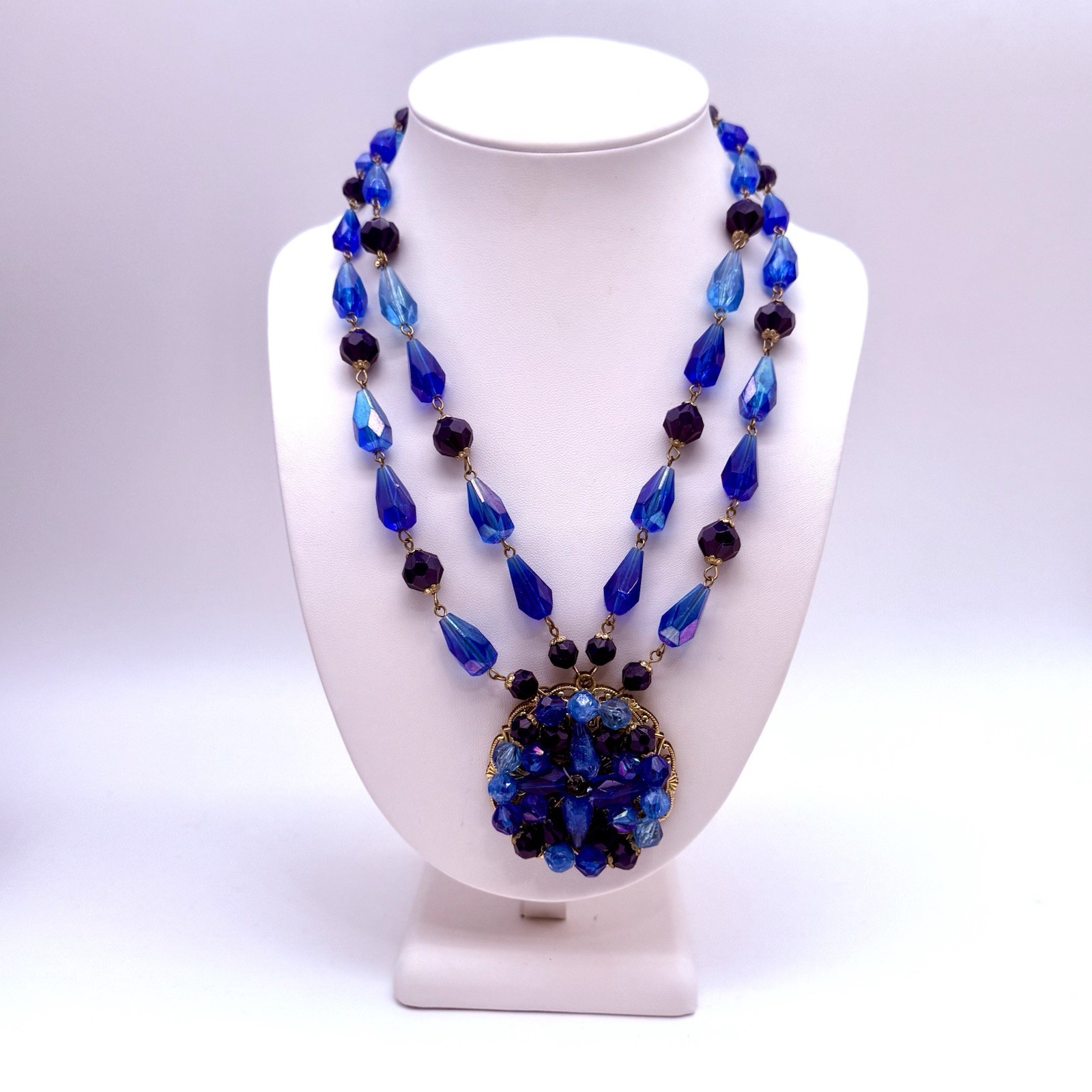 Vintage West Germany Two Strand Blue AB Acrylic Beaded Necklace