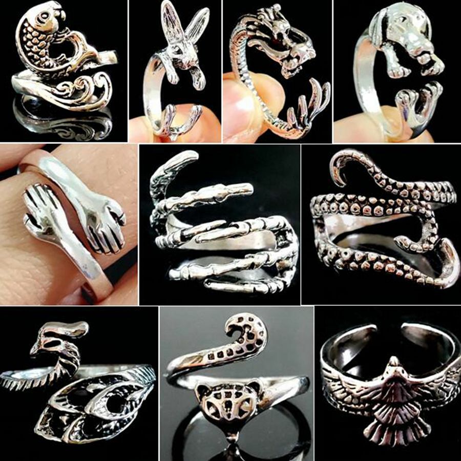 30pcs Cute Animal design Mixed Vintage Silver Rings for Women Punk Male Rings