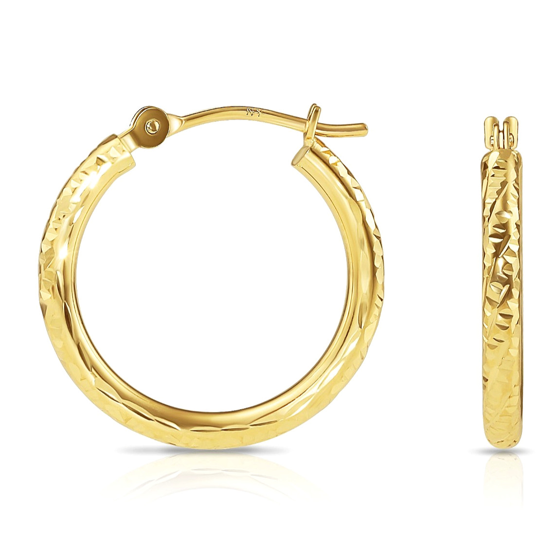 10K Real Solid Gold Hand Engraved Diamond-Cut Creole Hoops Earrings All Sizes
