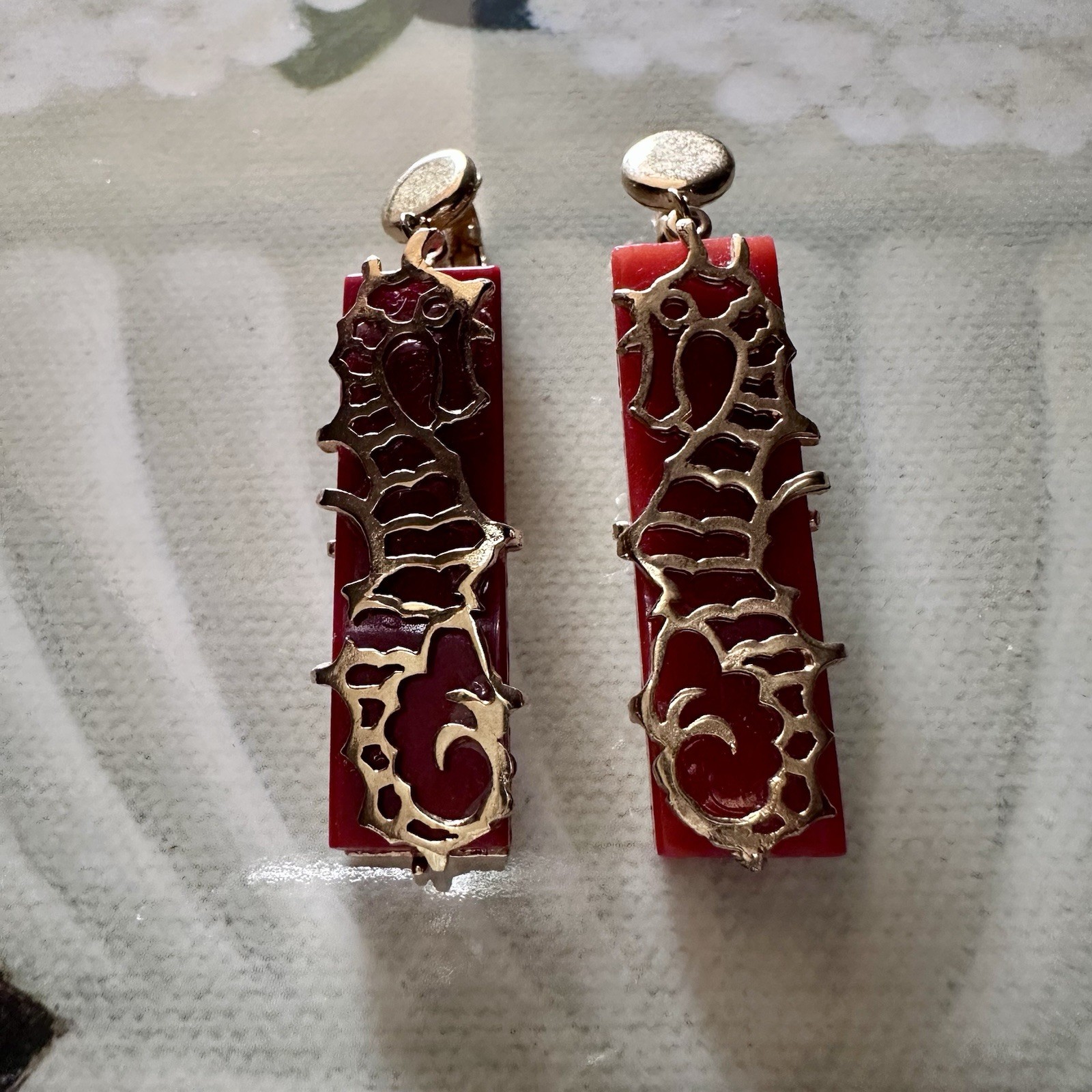 Rare Signed Boucher Seahorse Clip Earrings Red Glass Gold Tone Nautical VTG