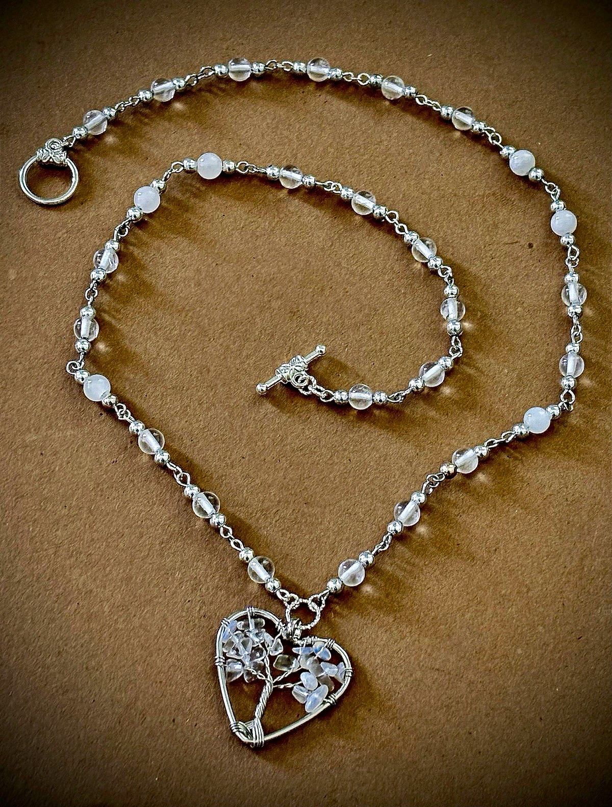 Handmade Heart Tree of Life Moonstone and Clear Quartz Necklace
