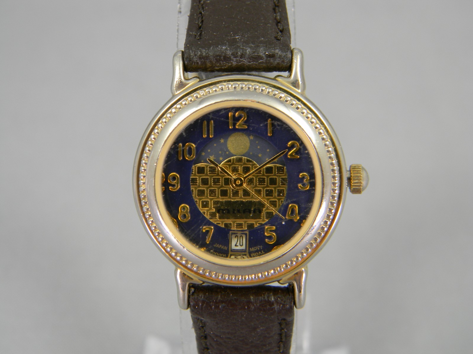 Milan Moon Phase Watch Women 24mm Gold Tone Date Leather Band New Battery