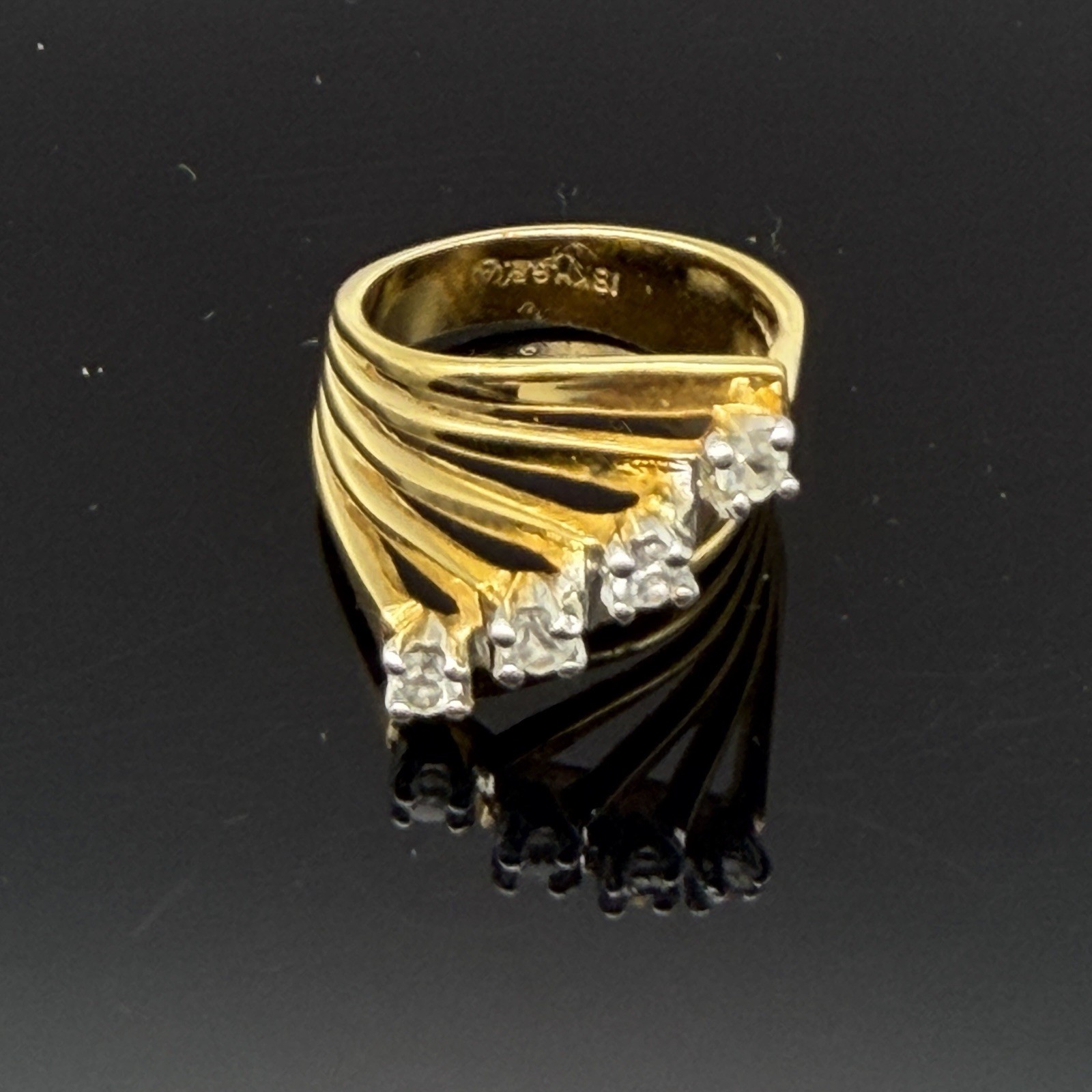 Vintage 18K Gold Electroplate Wide Wavy Bypass Cocktail Ring Clear Stones 7.25