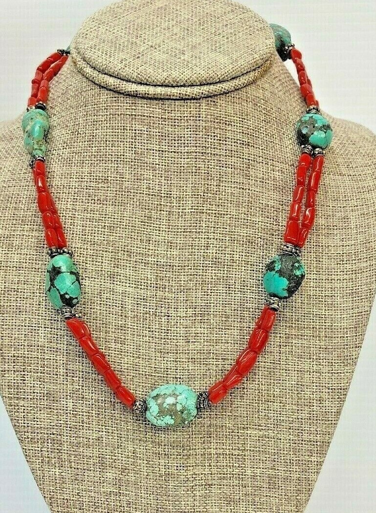 Sterling Silver Natural Beads Turquoise, Coral Necklace 19 1/2 inches