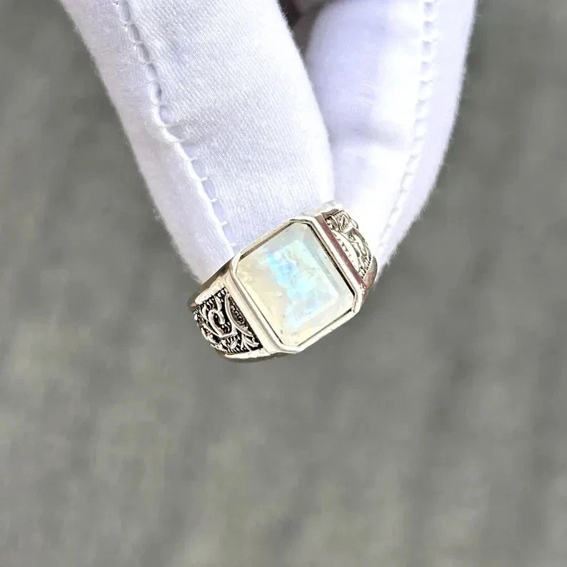 925 Sterling Silver Rainbow Moonstone Ring for Men Handmade Statement Ring