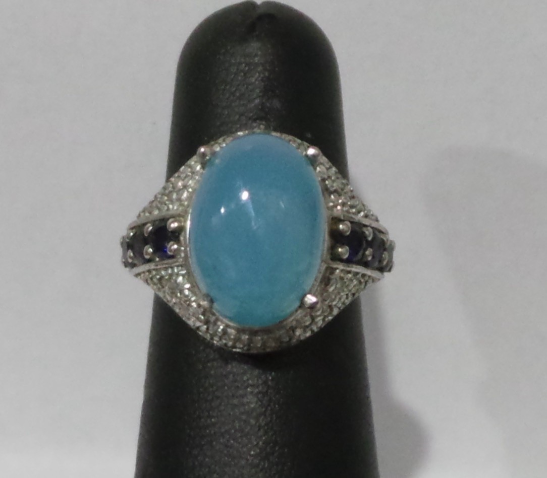 STS Karis Oval Aqua Chalcedony & Blue Accents Ring Silver Tone Size 6 14x10mm