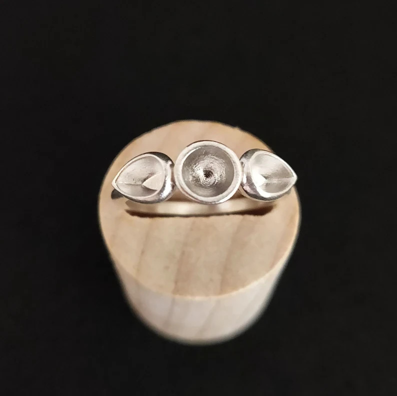925 Sterling Silver 3-Stone Cup Bezel Ring Round & Pear Gem Stacking Ring