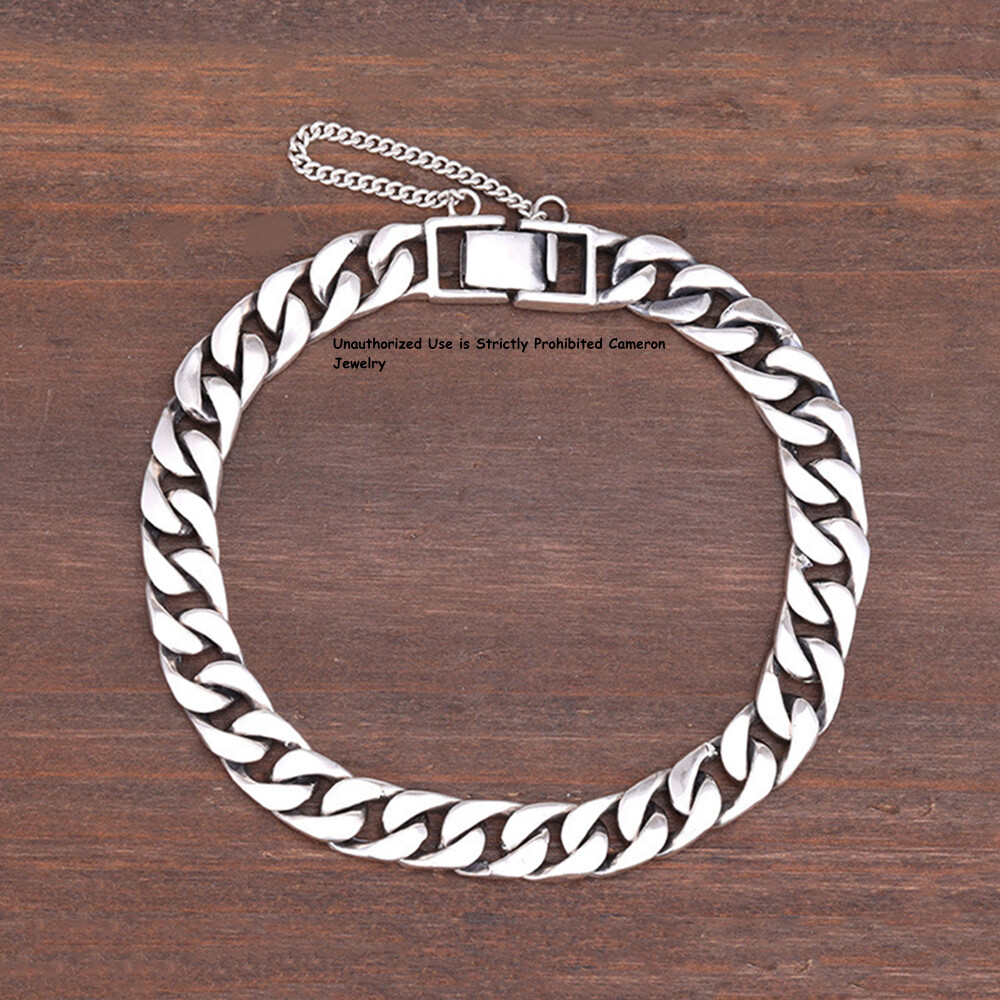 Pure S925 Sterling Silver Chain 8mm Cuban Curb Extend Link Bracelet 6.7-8.3inch
