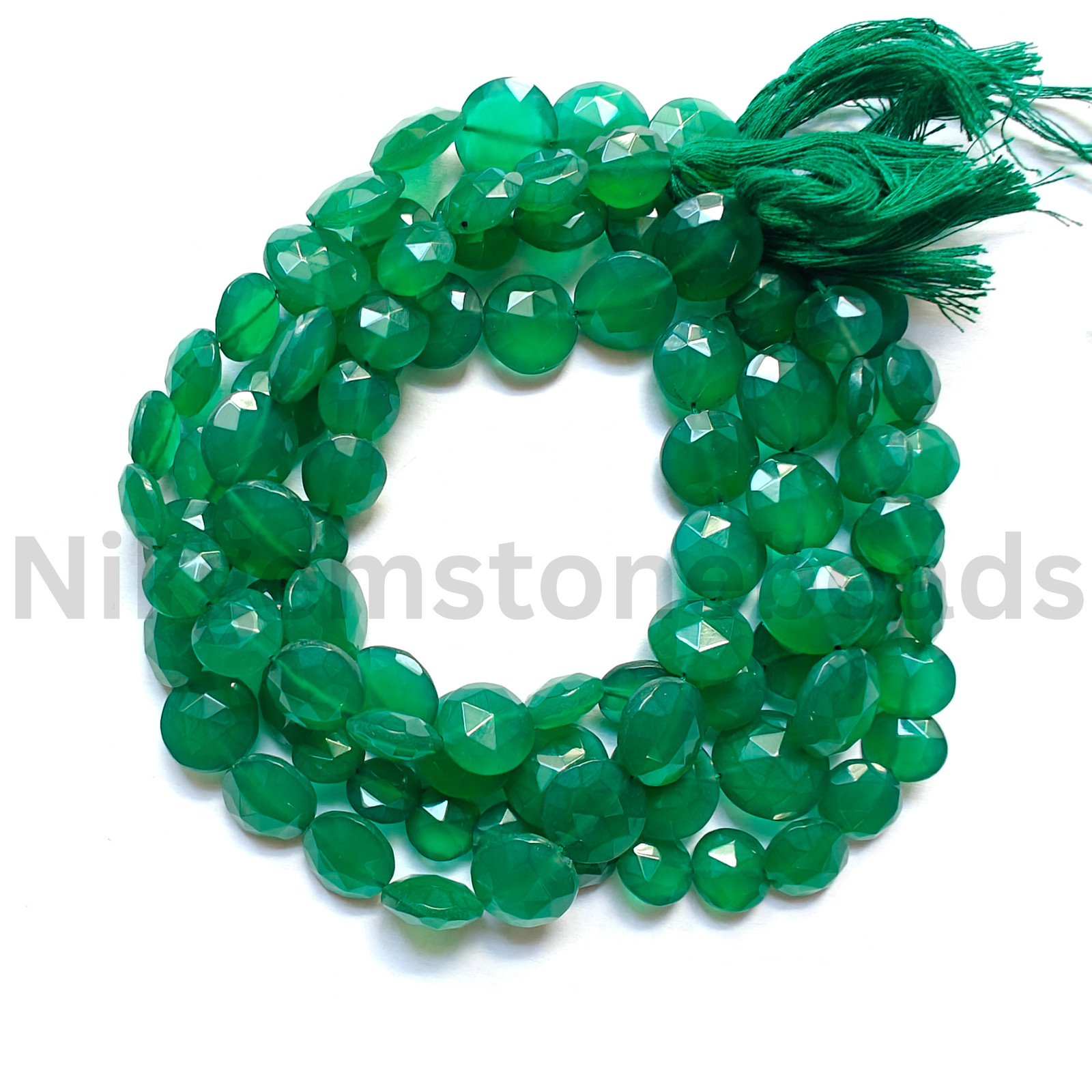 Natural Green Onyx Gemstone, Briolette Faceted Coin Cut Beads, 11.00-12.00 MM.