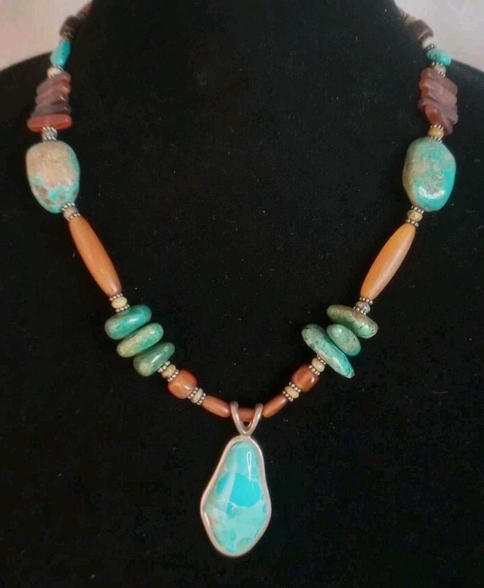 Signed BARSE .925 Sterling Silver Turquoise & Amber Necklace 52.55 Grams 18″ L
