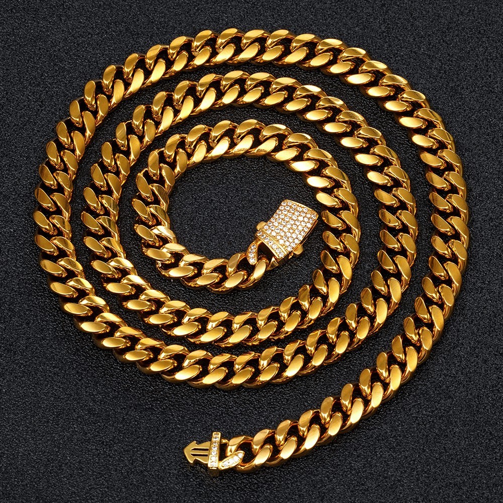 8mm Gold Stainless Steel Curb Cuban Link Chain Necklace with Bling CZ Clasp 60cm