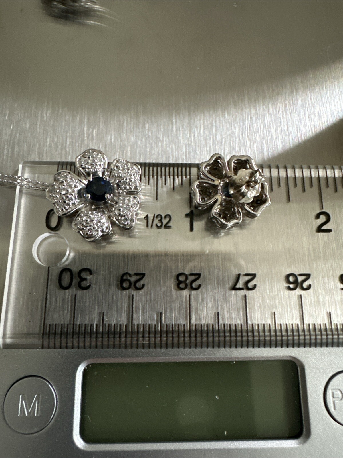 Estate 14k White Gold Flower Sapphire Diamond Pendant & Earrings 8.8grams