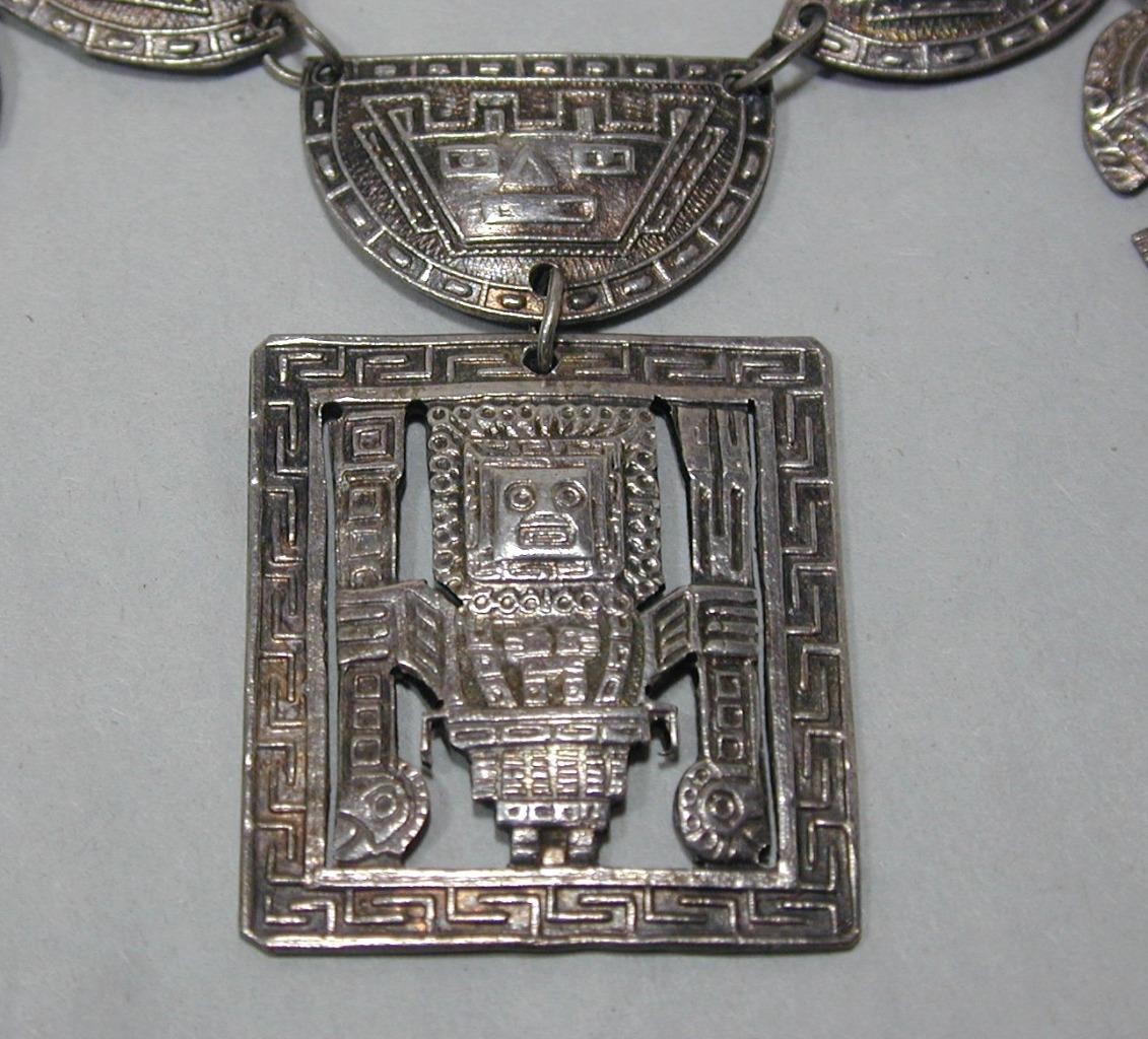 Vintage Peru 900 Silver Inca Tumi Panel Statement 16 1/2″ Necklace Choker Signed