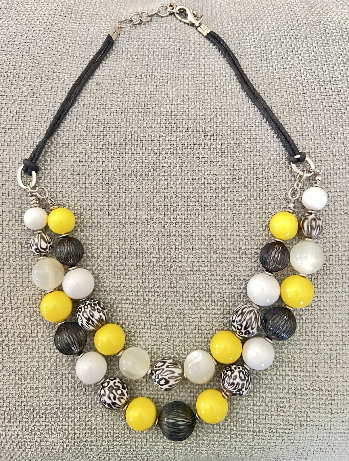 Yellow, Black, White & Gray beaded Necklace and Matching Bracelet And Earrings