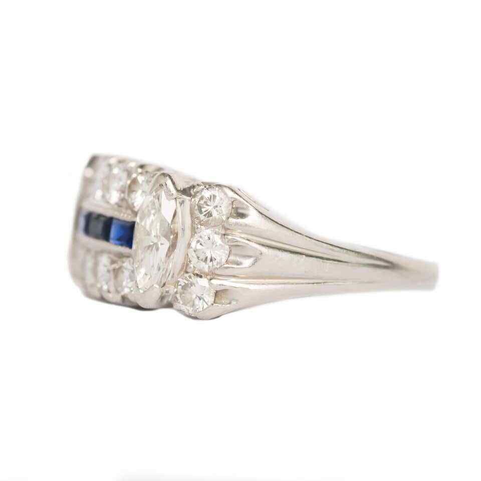 Retro Vintage Baguette Shape Blue Sapphire With Old Mine Cut CZ Antique Ring