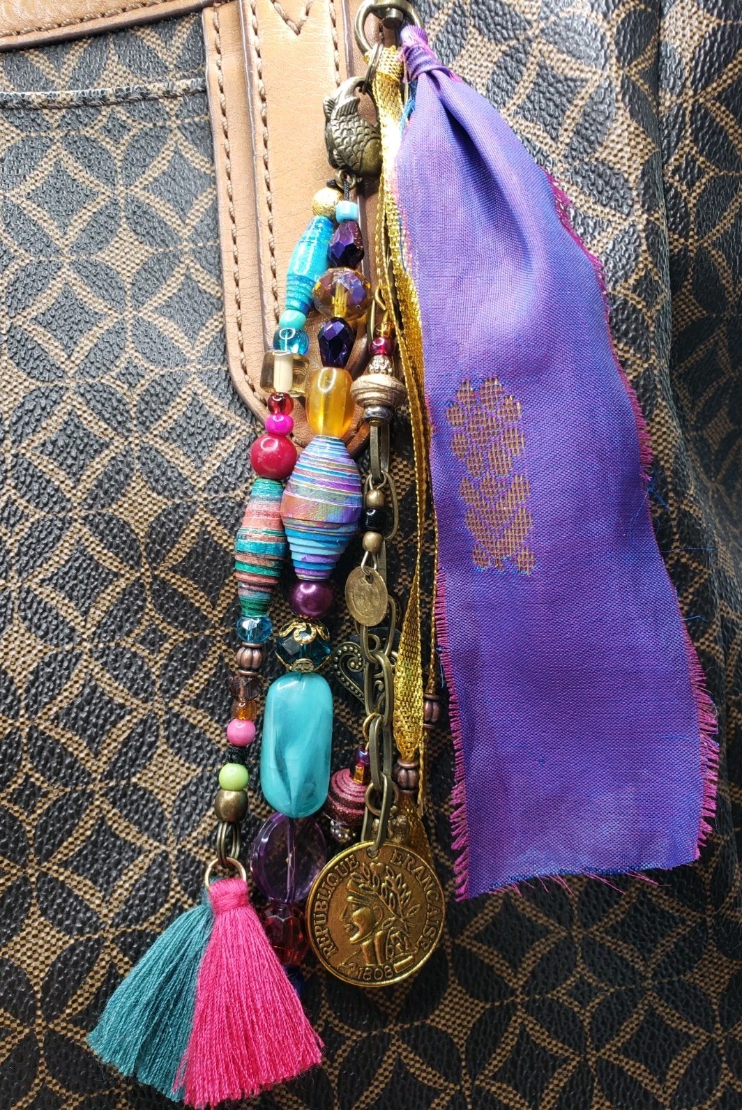 Mixed Media Boho Purse Charm w/ Silk Sari Ribbon Paper Beads Eclectic Artsy OOAK