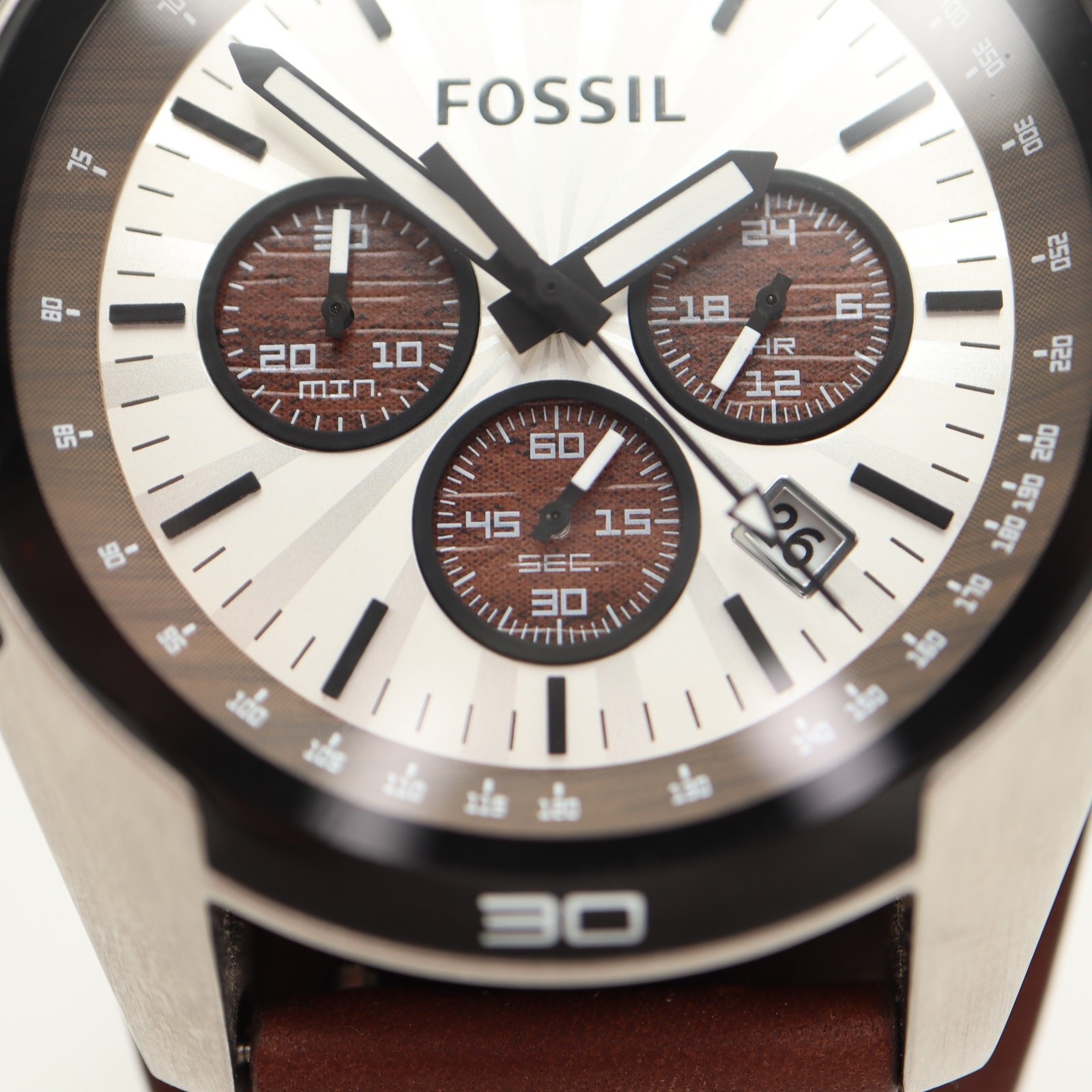 Fossil Coachman Mens Brown 45mm Watch Wood Grain Subs Leather Cuff w New Battery