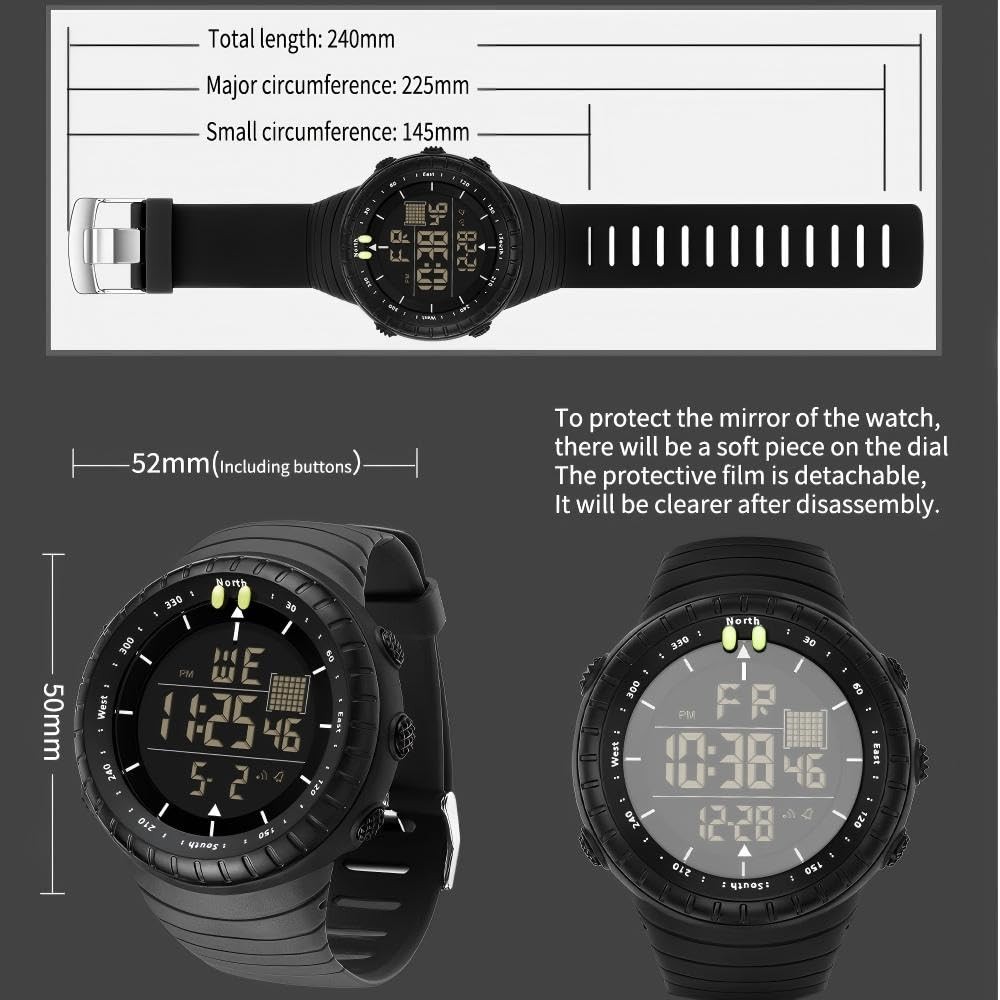 50mm Digital Sports Watch Waterproof Dual Time Alarm Chronograph Backlight Black