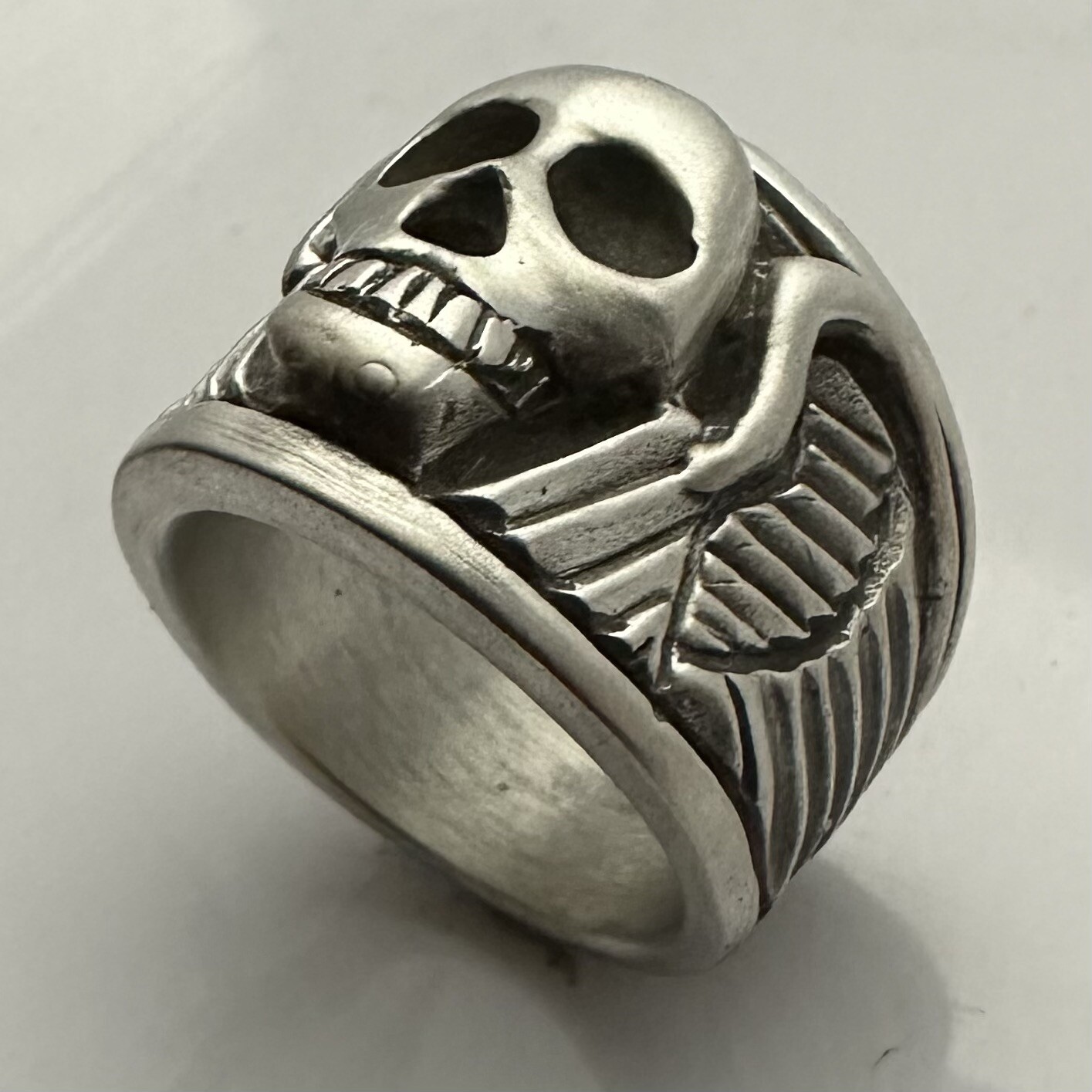 MJG STERLING SILVER WINGED SKULL RING @ 37 GR. Size 11 1/2. BIKER. GUITAR PLAYER