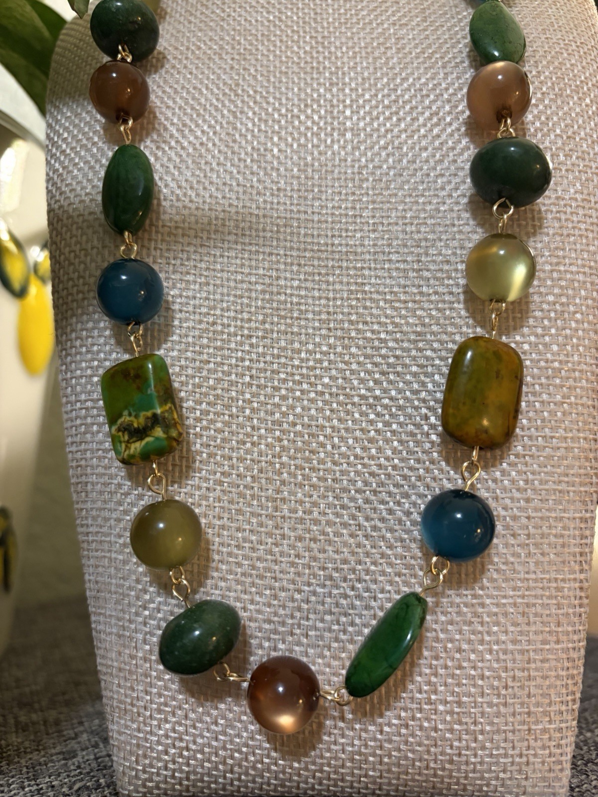Handmade Glass Beaded Necklace Green Blue Brown Beads with Gold Tone Clasp