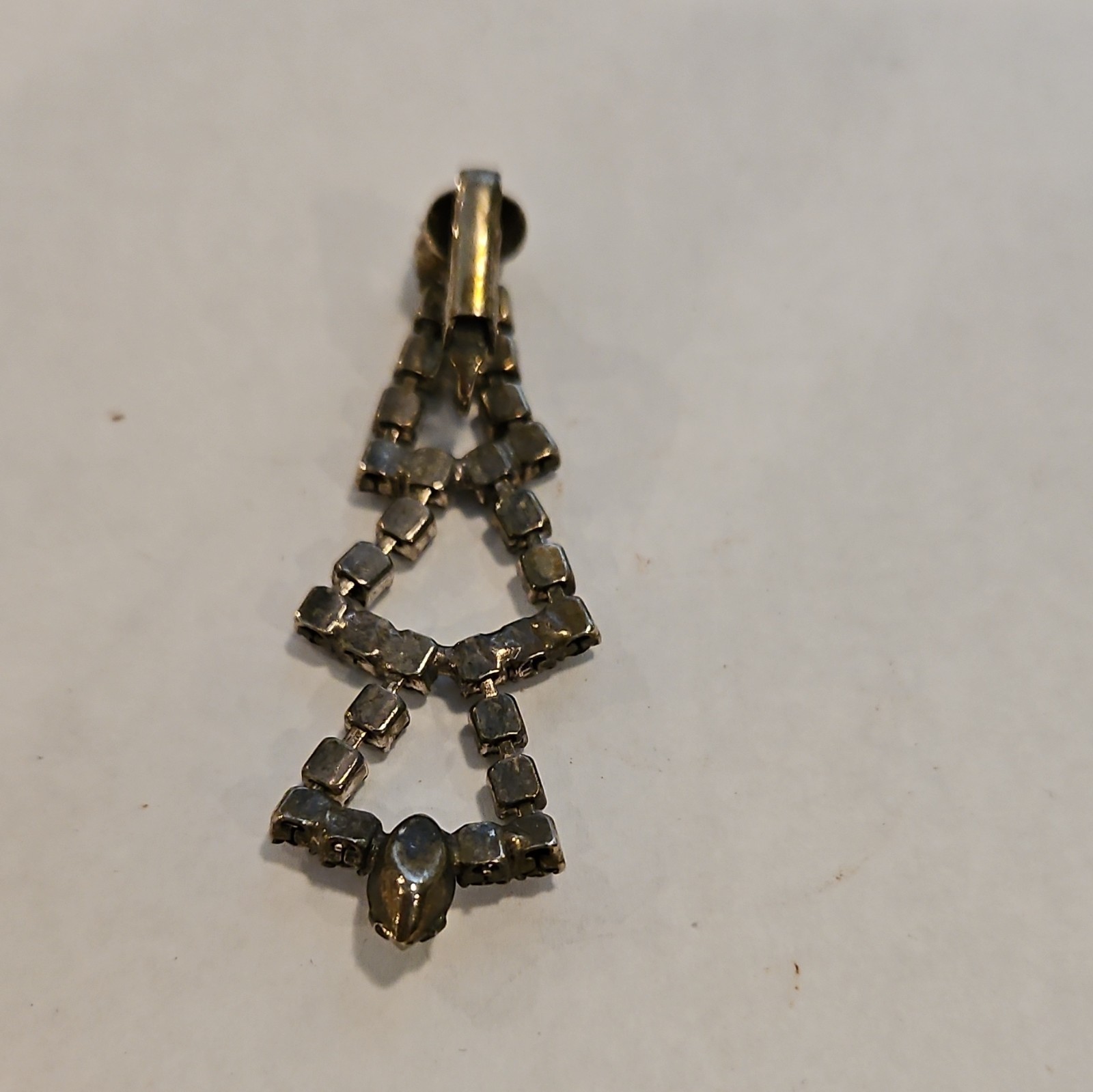 Clear Rhinestone Geometric Dangle Clip-On Earrings Silver Tone Double Triangle