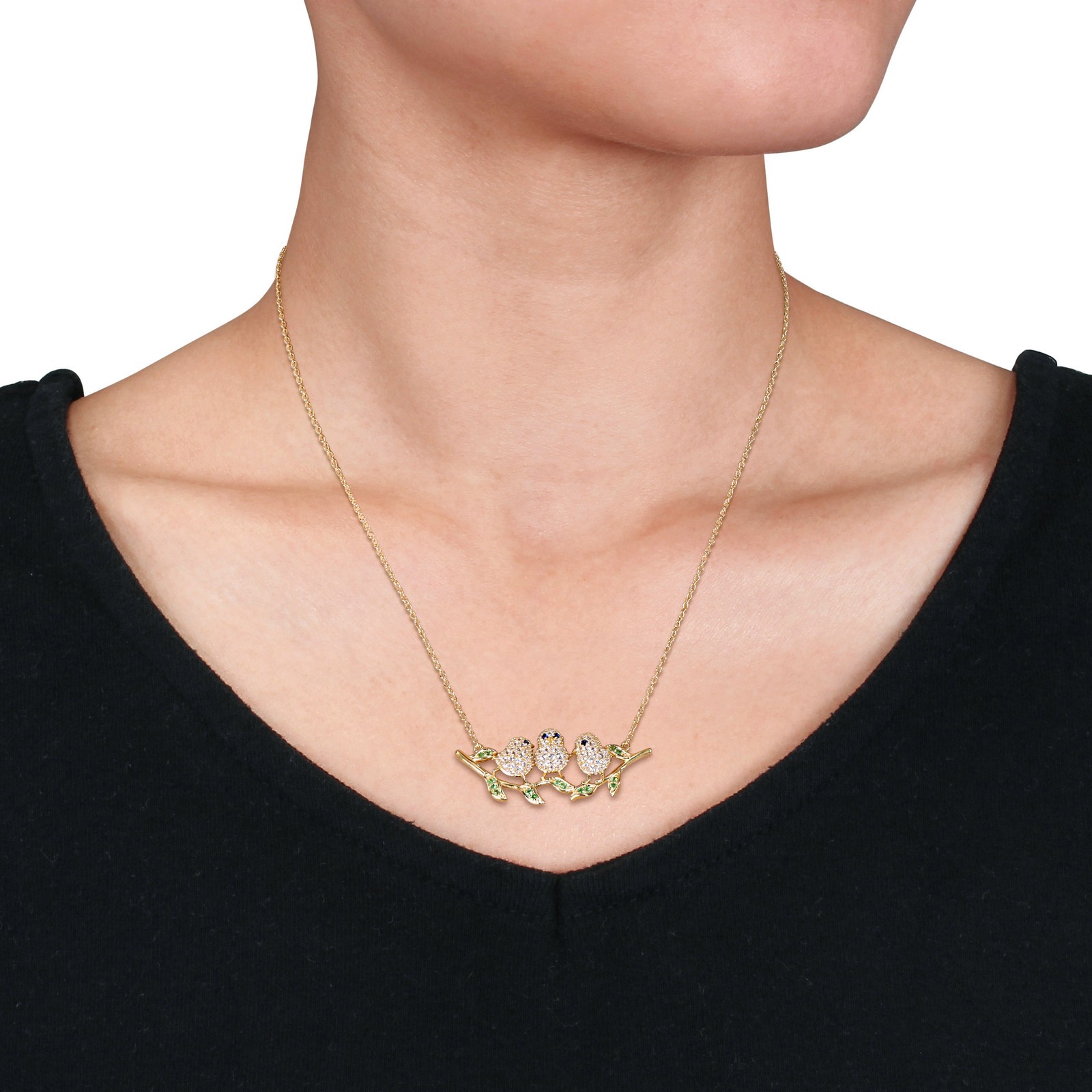Amour Yellow Plated Sterling Silver with Black Rhodium Gemstone 3-Bird Necklace