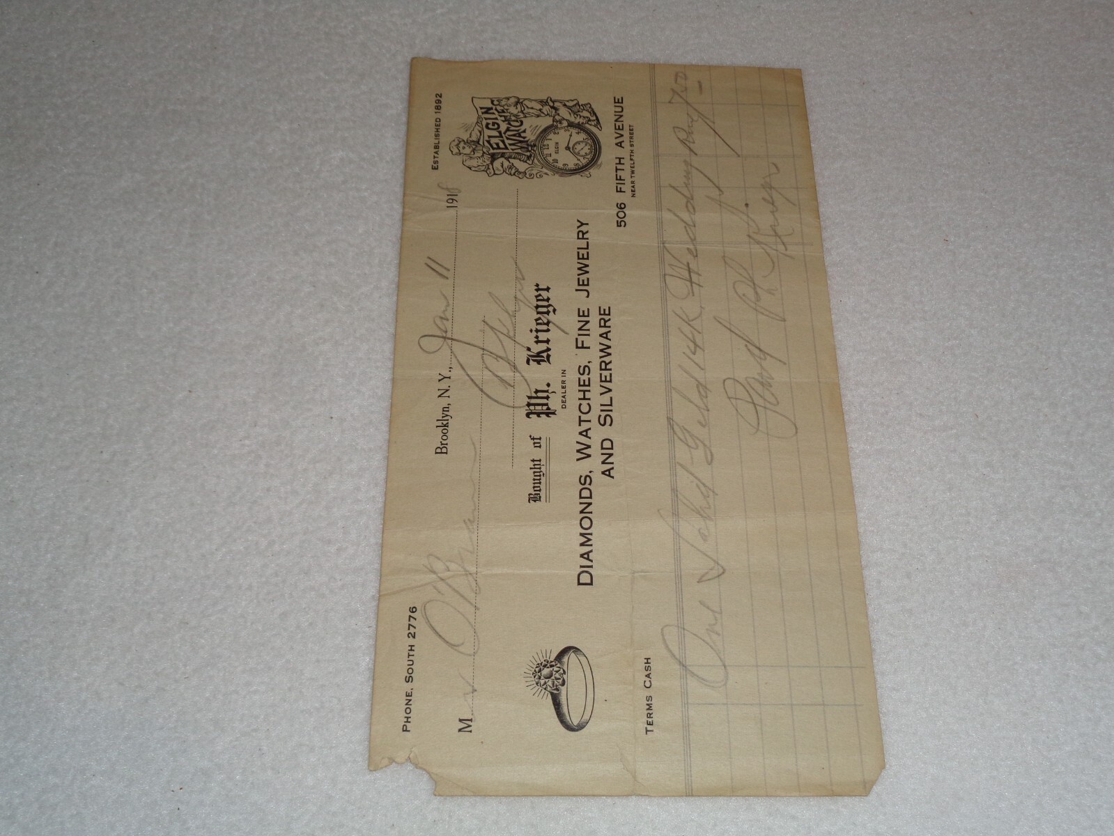 1918 Solid Gold 14K Wedding Ring Krieger Brooklyn, New York Rare Antique Receipt