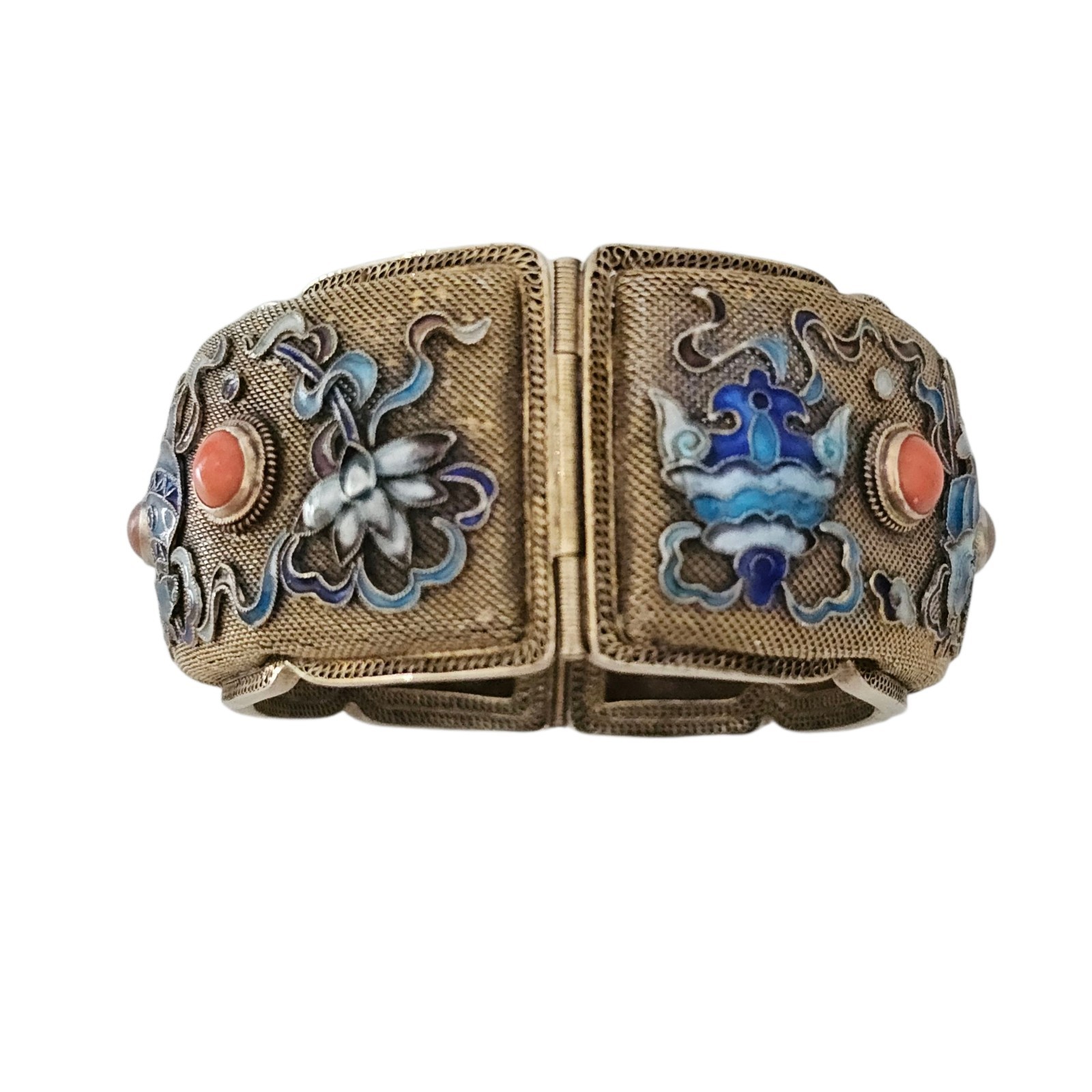 Vintage Chinese Export Bracelet Enamel Gilded Silver Mesh Filigree Coral