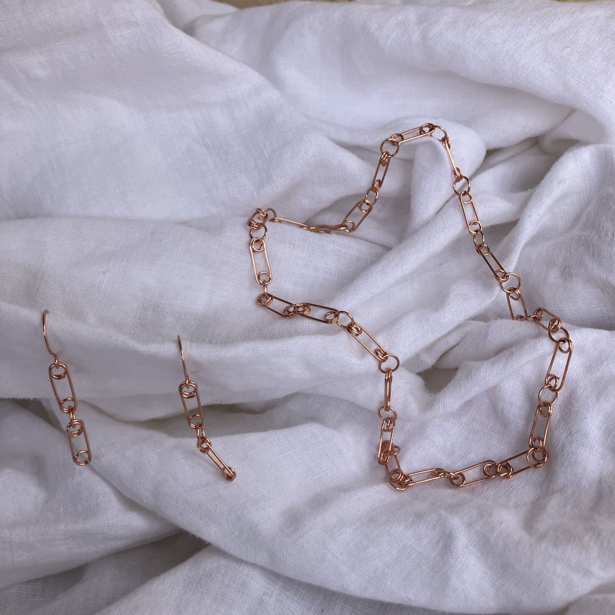 Tribute to Punk Safety Pin Inspired Hand Made Copper Link Necklace and Earrings