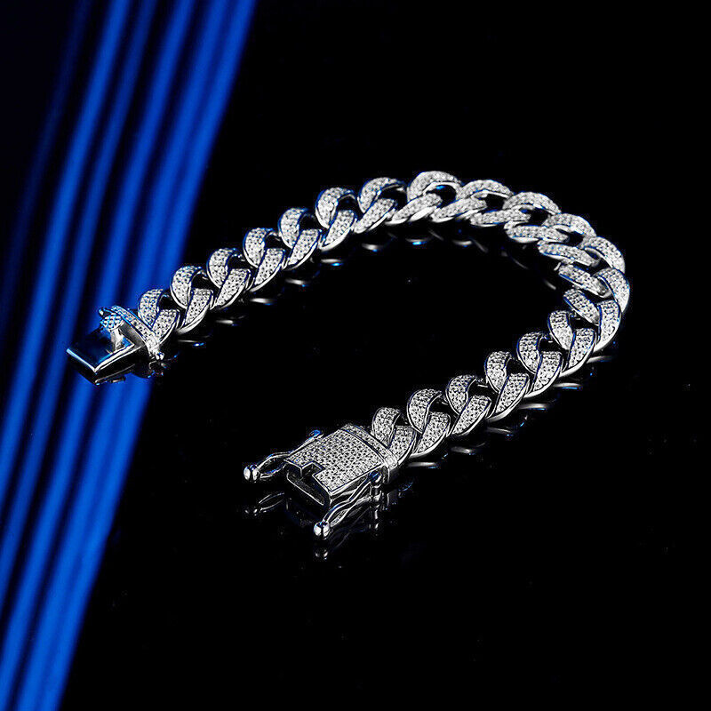 Real Miami Cuban Link Prong Chain Iced Out Hip Hop Men Bracelet 925 Silver 12mm