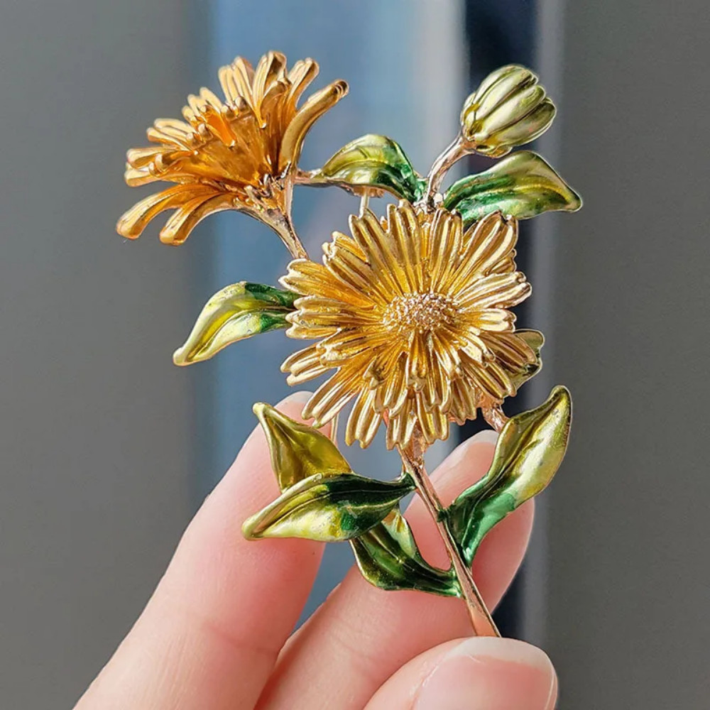 Vintage Enamel Flower Bouquet Brooch Floral Gold Leaf Pin Summer Gift Jewelry