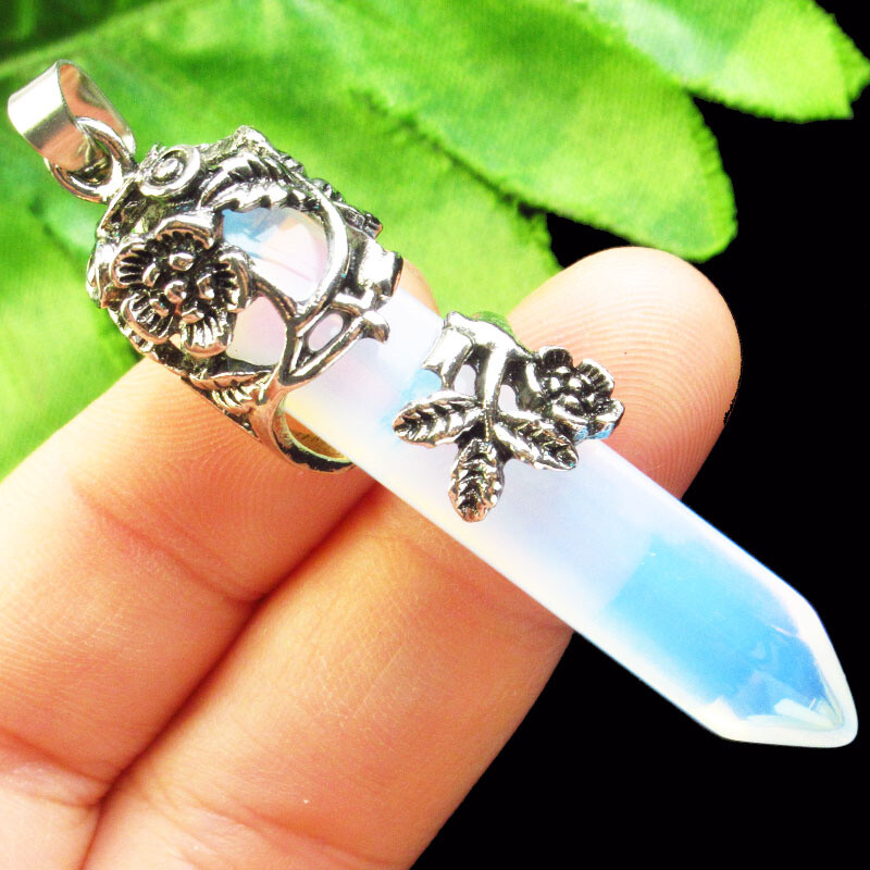 60x10mm Opal Opalite Hexagonal Tibetan Silver Flower Pendant Bead FH01891