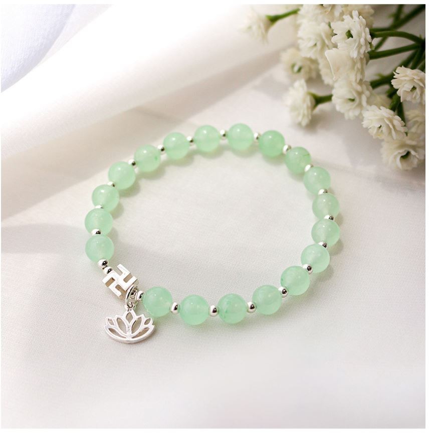 Natural White Jade Bracelet 6mm Mint Lotus Manji 925 Silver Zen Meditation Beads