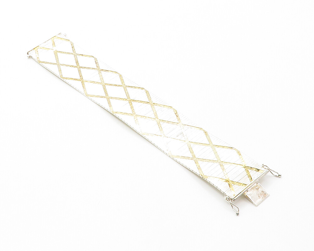 925 Sterling Silver Shiny 2 Tone Diamond Shape Pattern Chain Bracelet BT5583