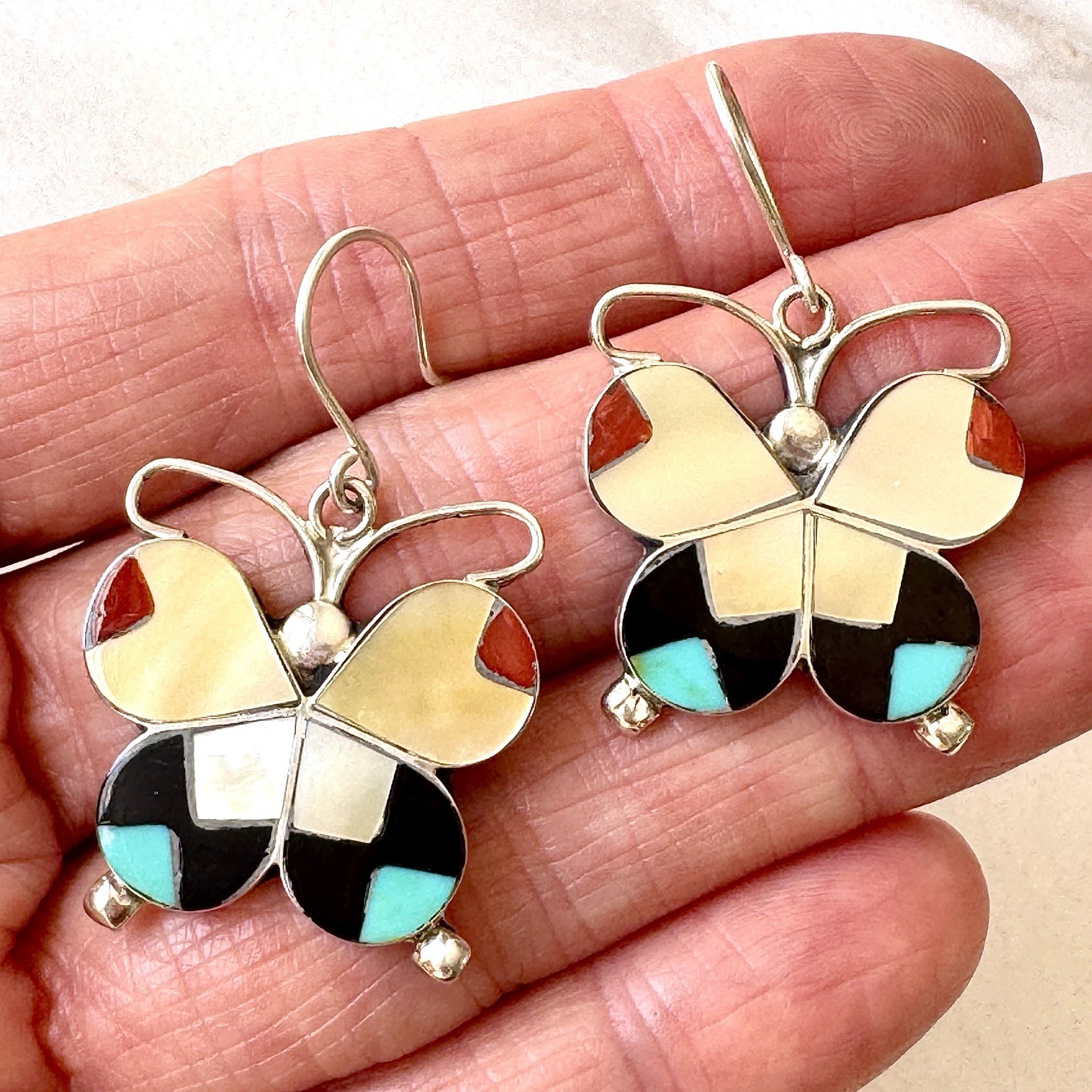 Zuni Butterfly Turquoise Earrings Multi Stone Inlay Signed Dishta Sterling Bug